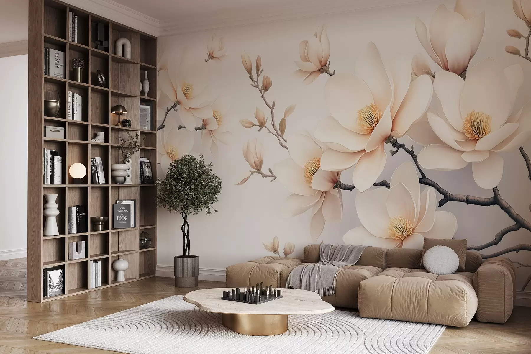 fototapet Frumoase flori de magnolie de culoare crem pe un fundal alb w08721