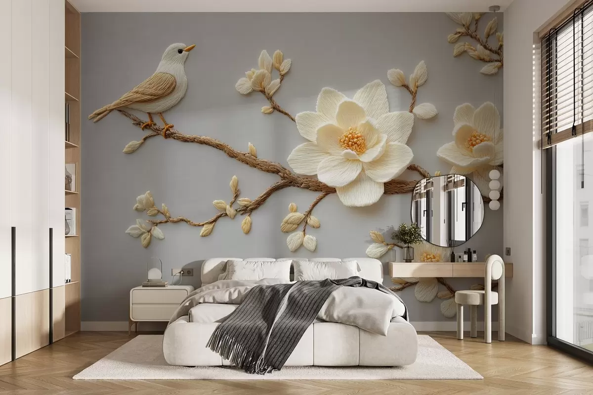 fototapet În stilul florilor de magnolie brodate cu o pasăre pe o ramură pe un fundal albastru deschis w08724