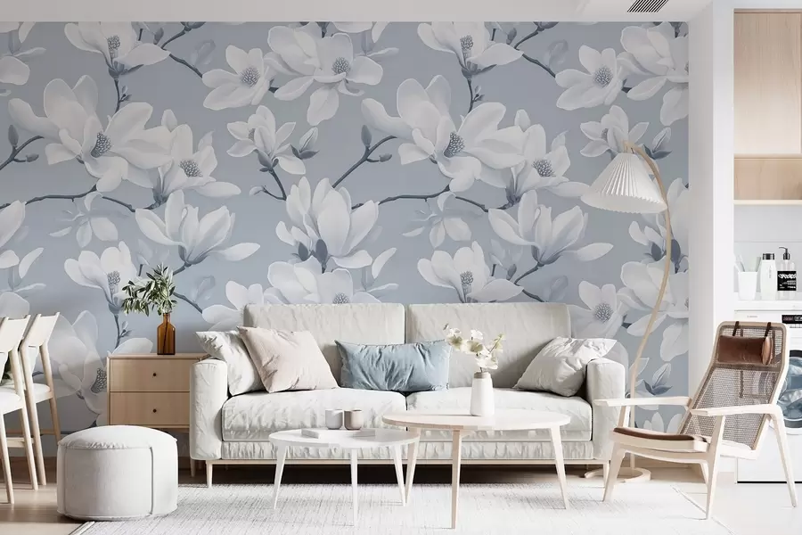 fototapet Model de flori albe de magnolie, în nuanțe de albastru deschis, frunze și ramuri albe w08726v2