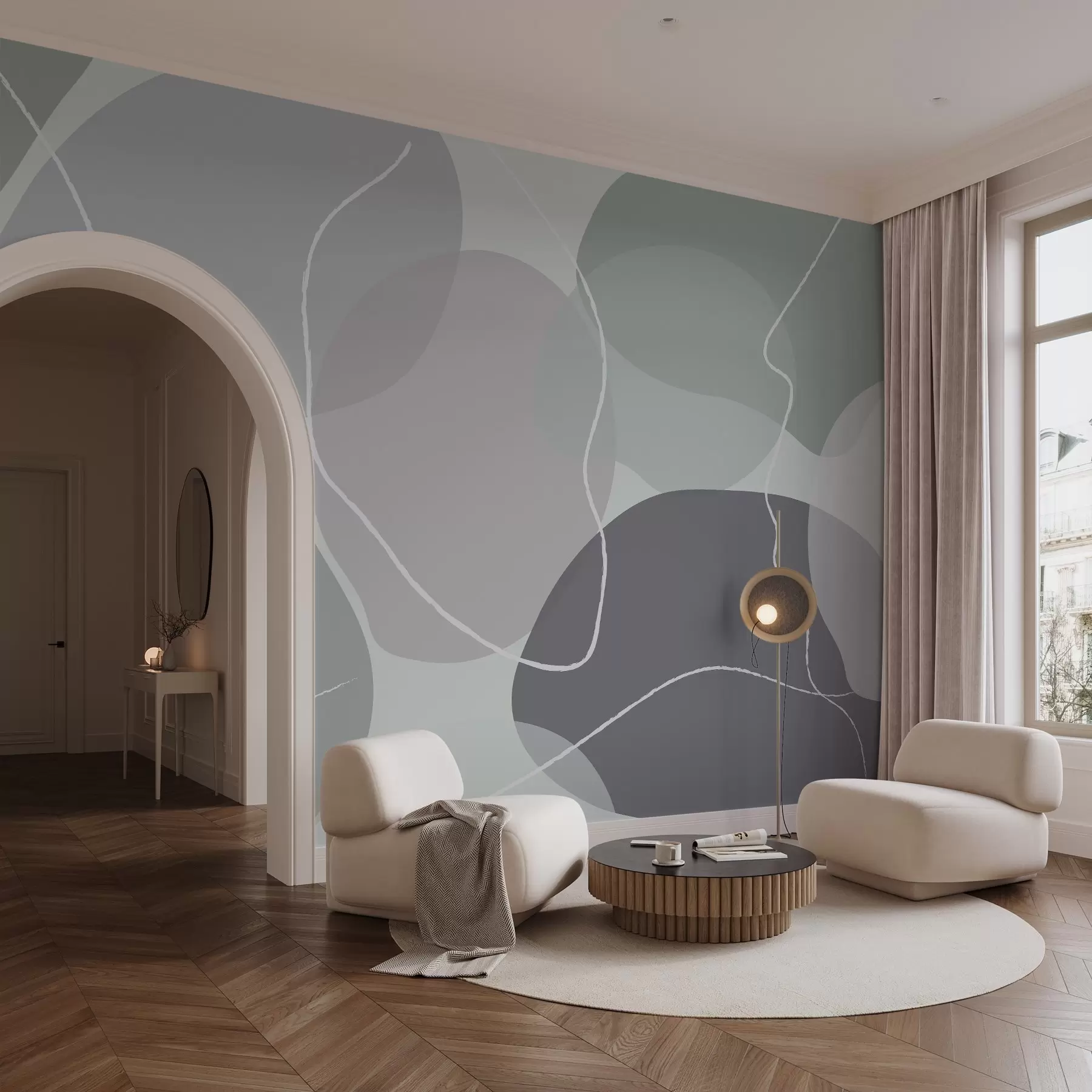 fototapet Model abstract cu forme organice netede în nuanțe de gri-verde și lavandă, accentuate de linii albe delicate w03039v1