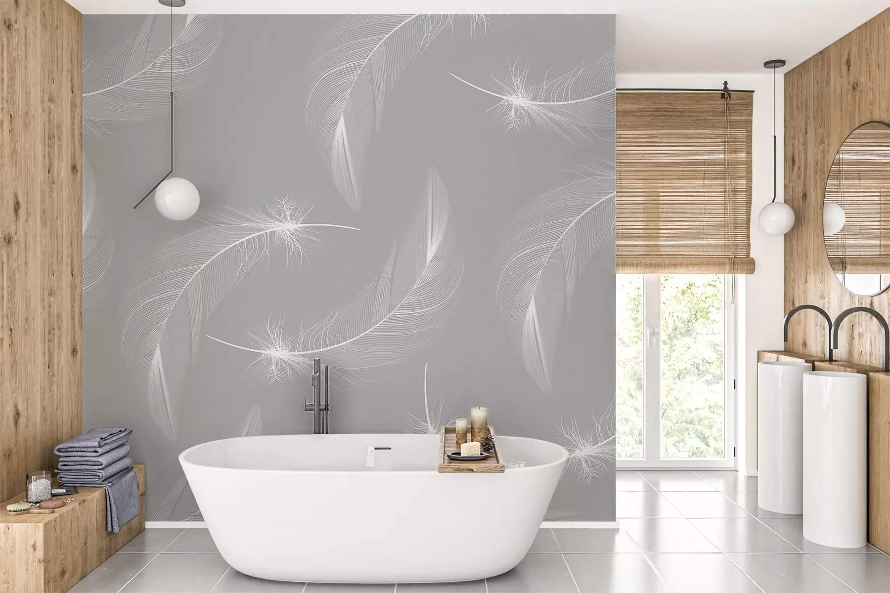 fototapet Pene pe un fundal gri, pene alb deschis w03043v1