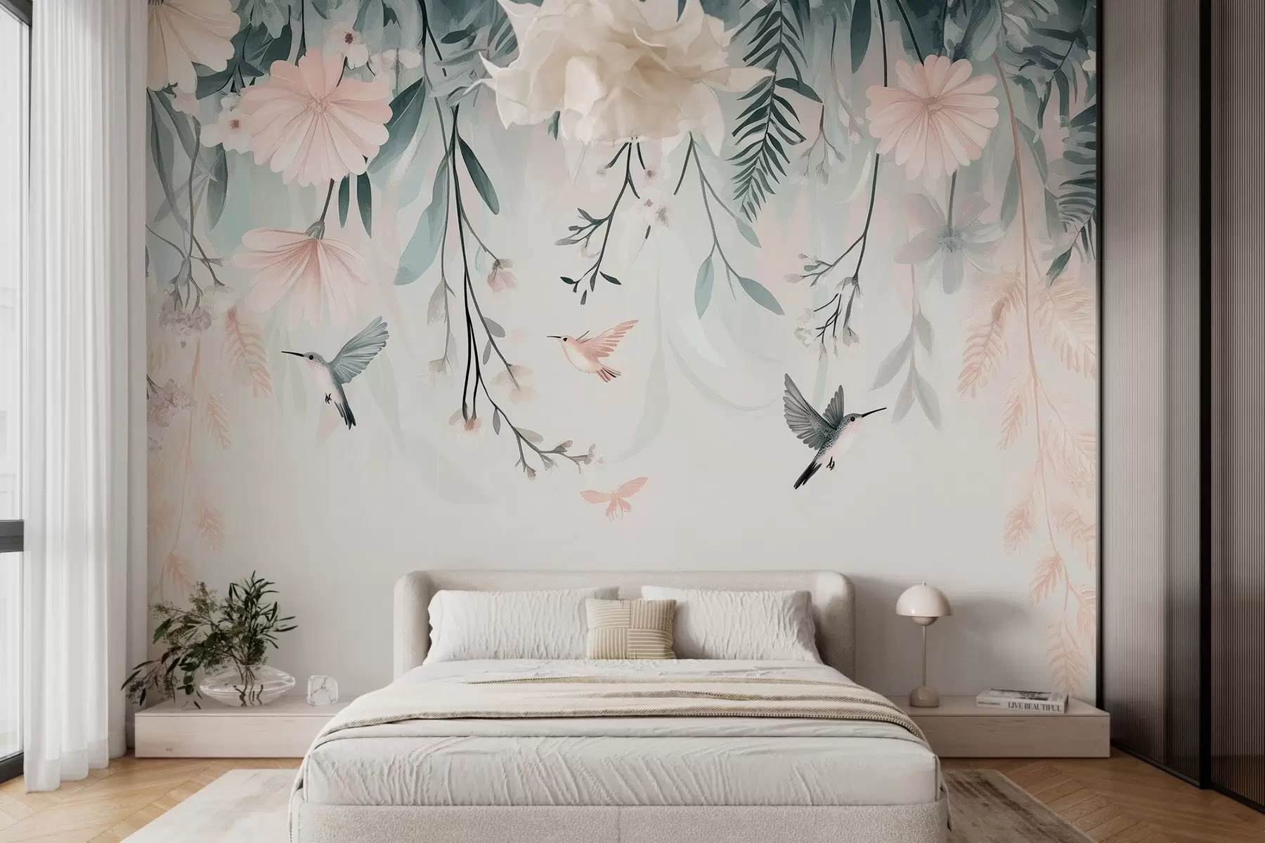 fototapet flori roz care imită tehnica picturii, atârnate de sus w03012