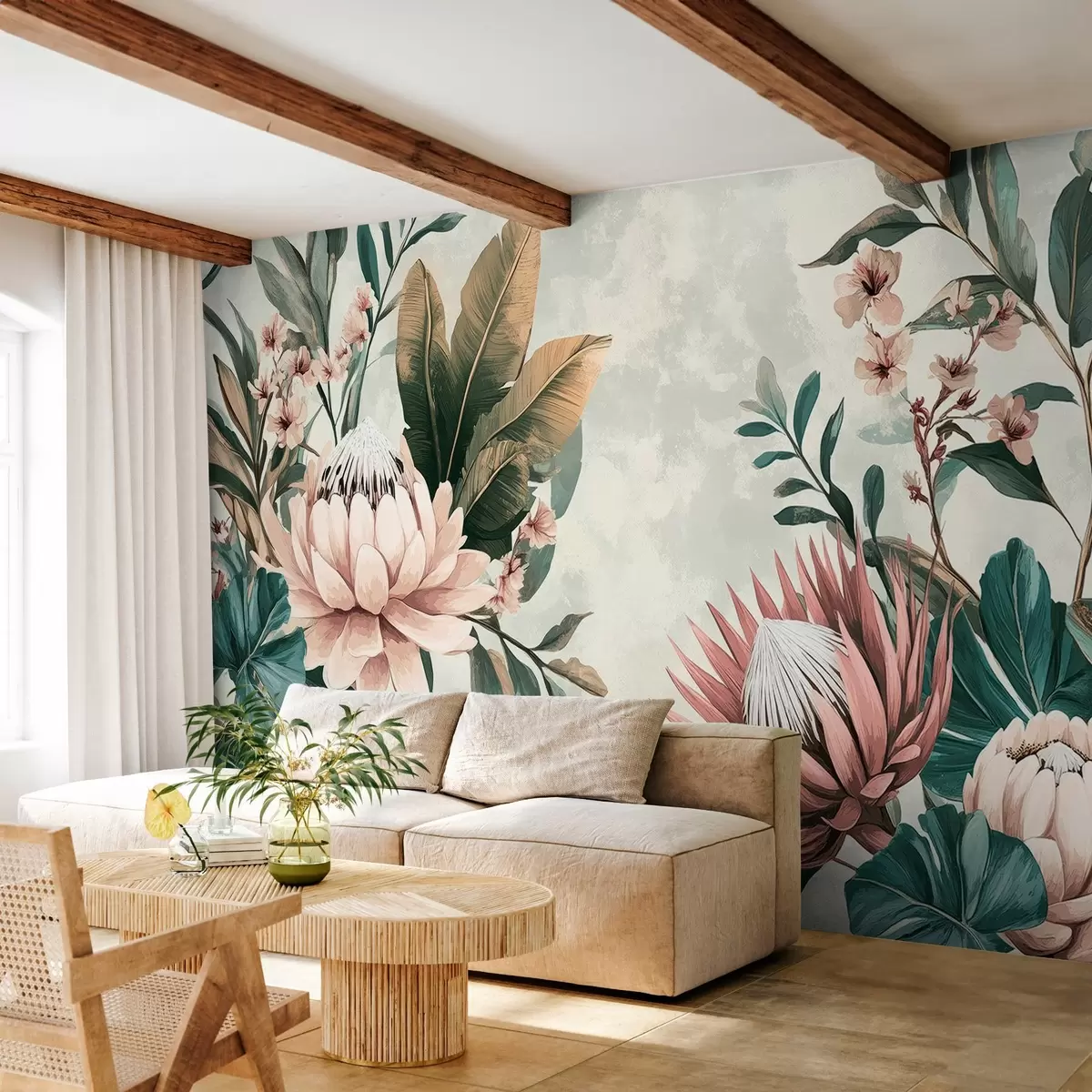 fototapet plante exotice, frunze de palmier și flori protea inspirate de vintage w03015