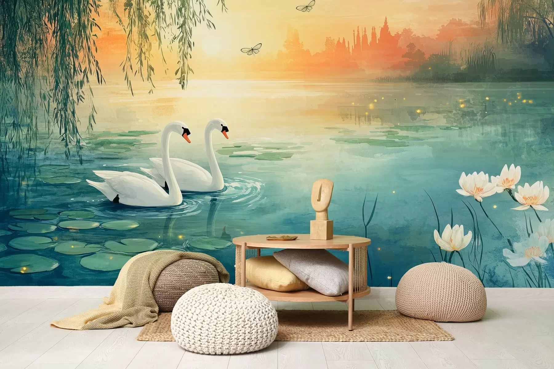 fototapet Peisaj romantic în stilul picturii în ulei cu două lebede albe pe lac w03017