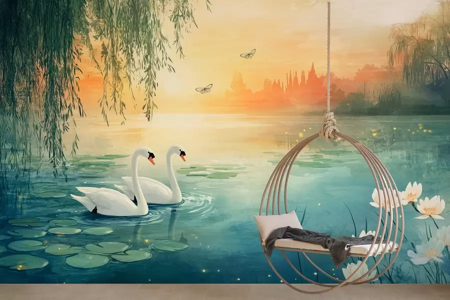 fototapet Peisaj romantic în stilul picturii în ulei cu două lebede albe pe lac w03017