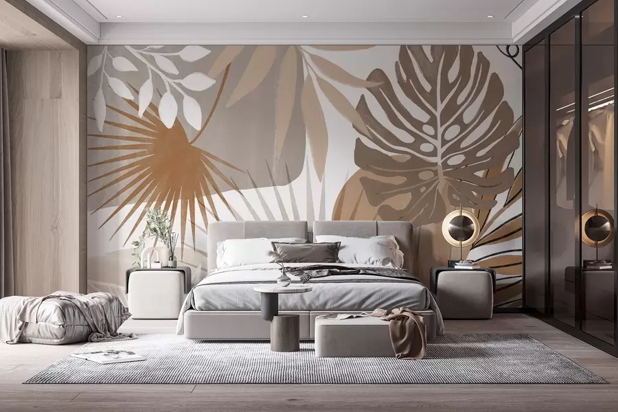 fototapet Design abstract cu diverse frunze tropicale și în tonuri pământii de maro, bej și crem w08738