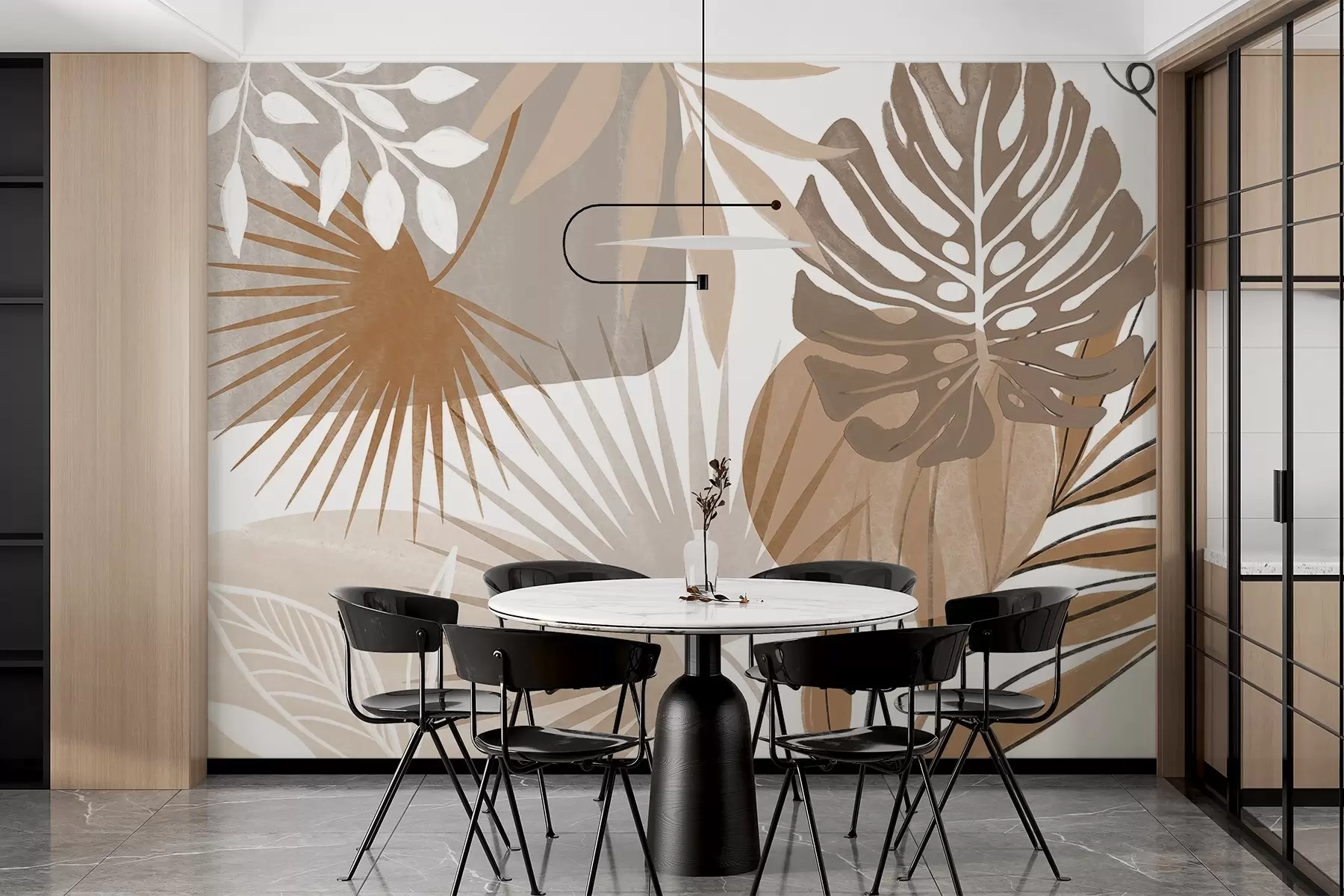 fototapet Design abstract cu diverse frunze tropicale și în tonuri pământii de maro, bej și crem w08738