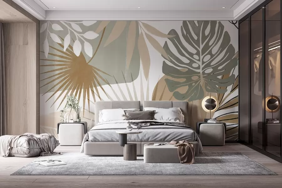 fototapet Design abstract cu diverse frunze tropicale și în tonuri pământii de verde, bej și crem w08738v1