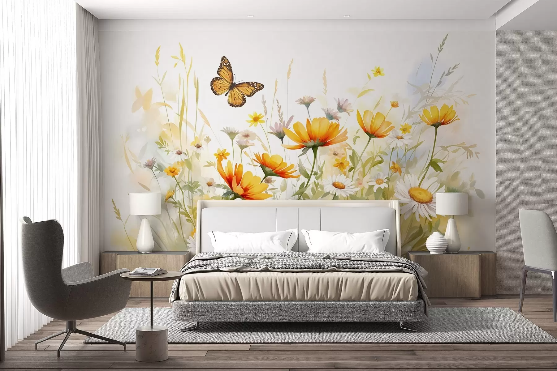 fototapet Un câmp de flori vibrant, asemănător unei acuarele, cu flori portocalii și galbene, cu un fluture deasupra florilor w08739
