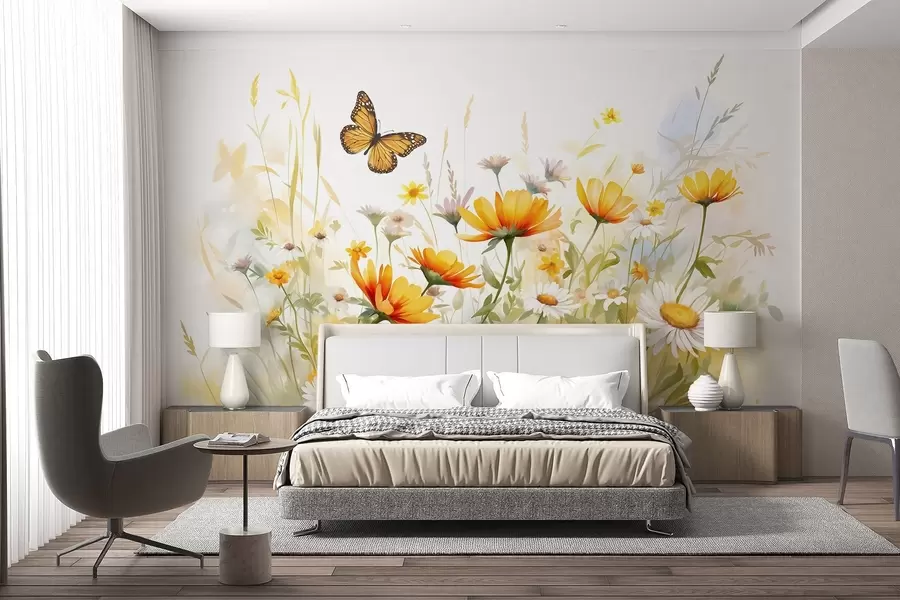 fototapet Un câmp de flori vibrant, asemănător unei acuarele, cu flori portocalii și galbene, cu un fluture deasupra florilor w08739