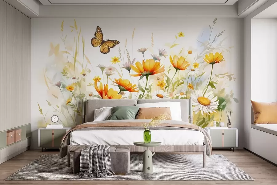 fototapet Un câmp de flori vibrant, asemănător unei acuarele, cu flori portocalii și galbene, cu un fluture deasupra florilor w08739