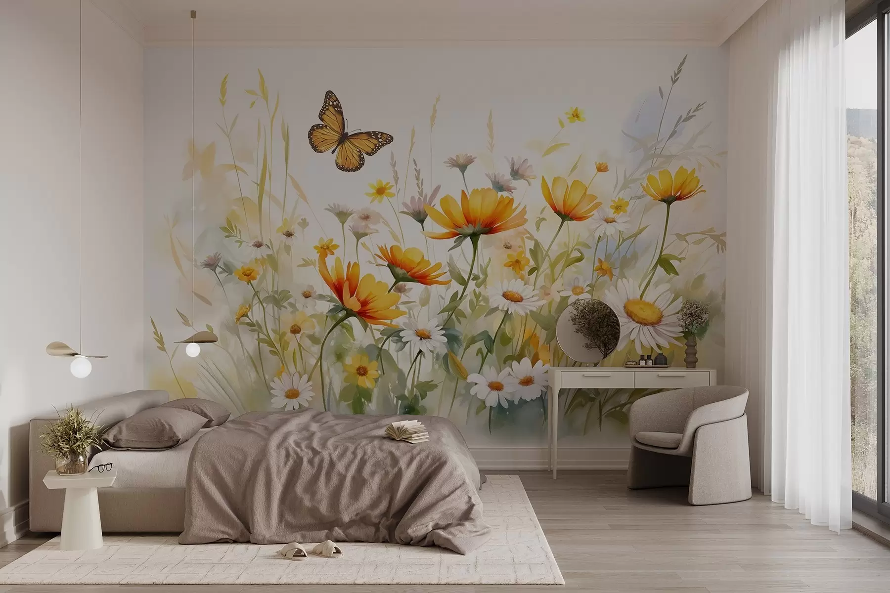 fototapet Un câmp de flori vibrant, asemănător unei acuarele, cu flori portocalii și galbene, cu un fluture deasupra florilor w08739