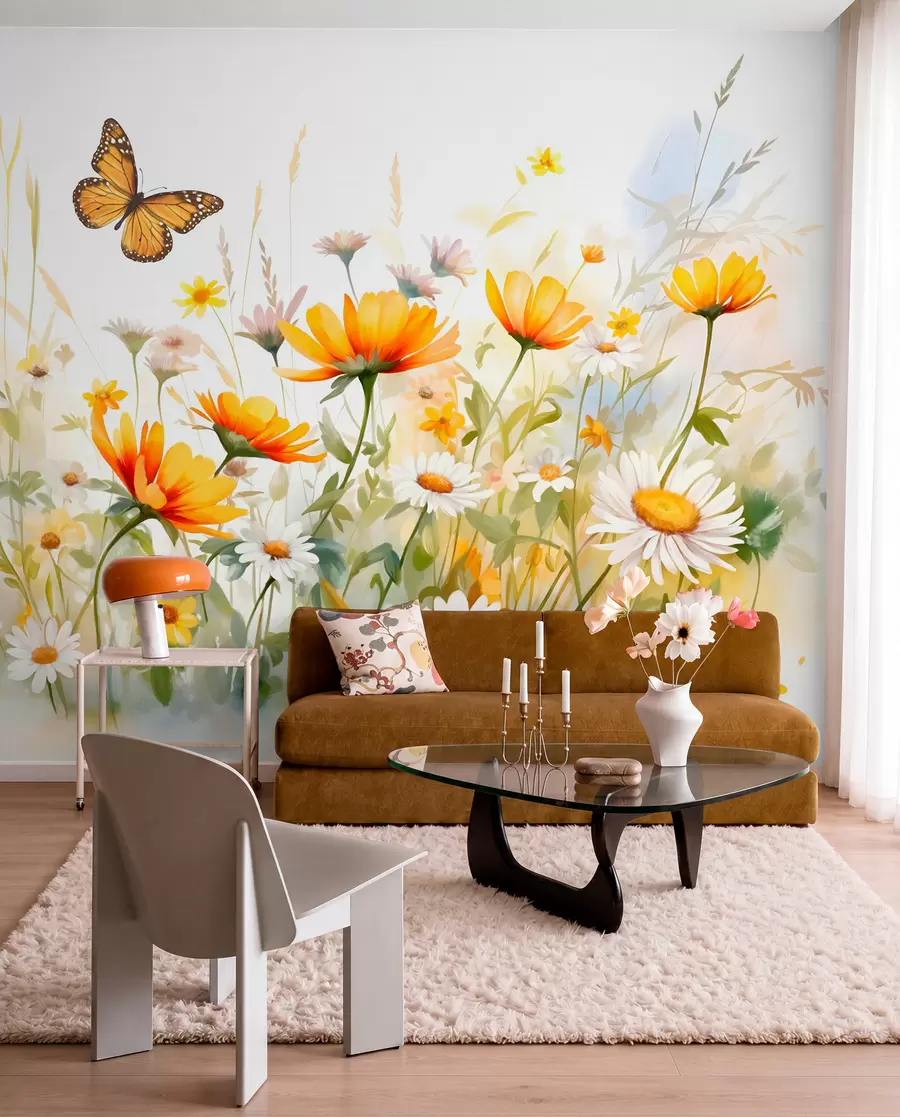 fototapet Un câmp de flori vibrant, asemănător unei acuarele, cu flori portocalii și galbene, cu un fluture deasupra florilor w08739