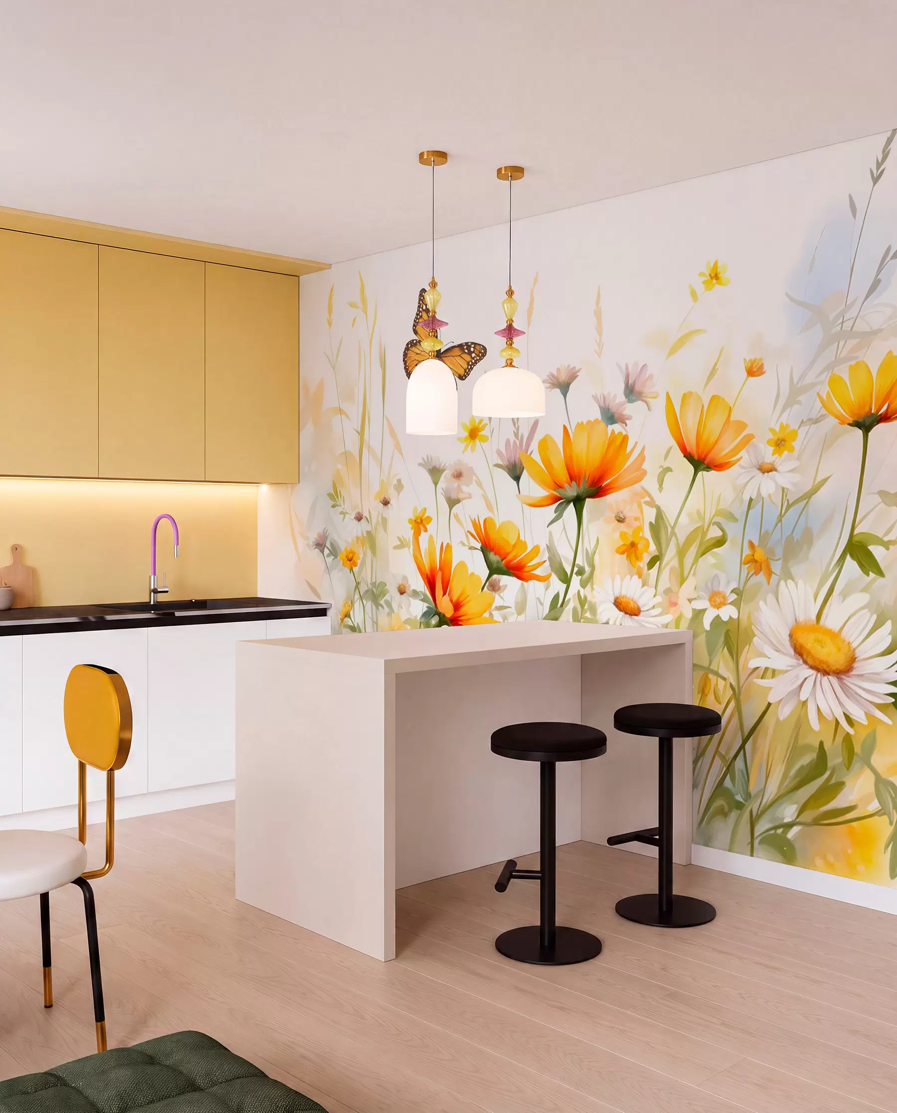 fototapet Un câmp de flori vibrant, asemănător unei acuarele, cu flori portocalii și galbene, cu un fluture deasupra florilor w08739