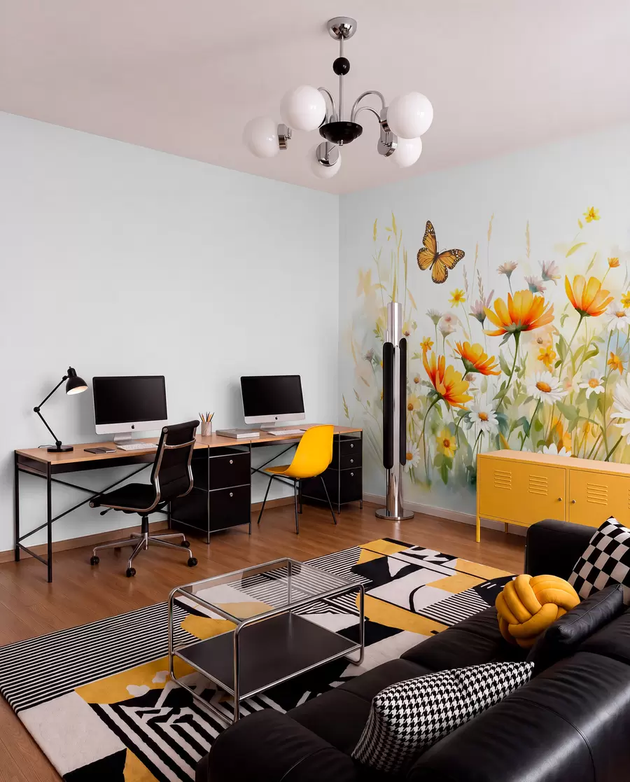 fototapet Un câmp de flori vibrant, asemănător unei acuarele, cu flori portocalii și galbene, cu un fluture deasupra florilor w08739
