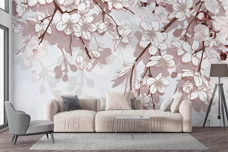 fototapet Ramuri de flori de cireș cu flori albe delicate și accente roz pe un fundal albastru deschis w08743