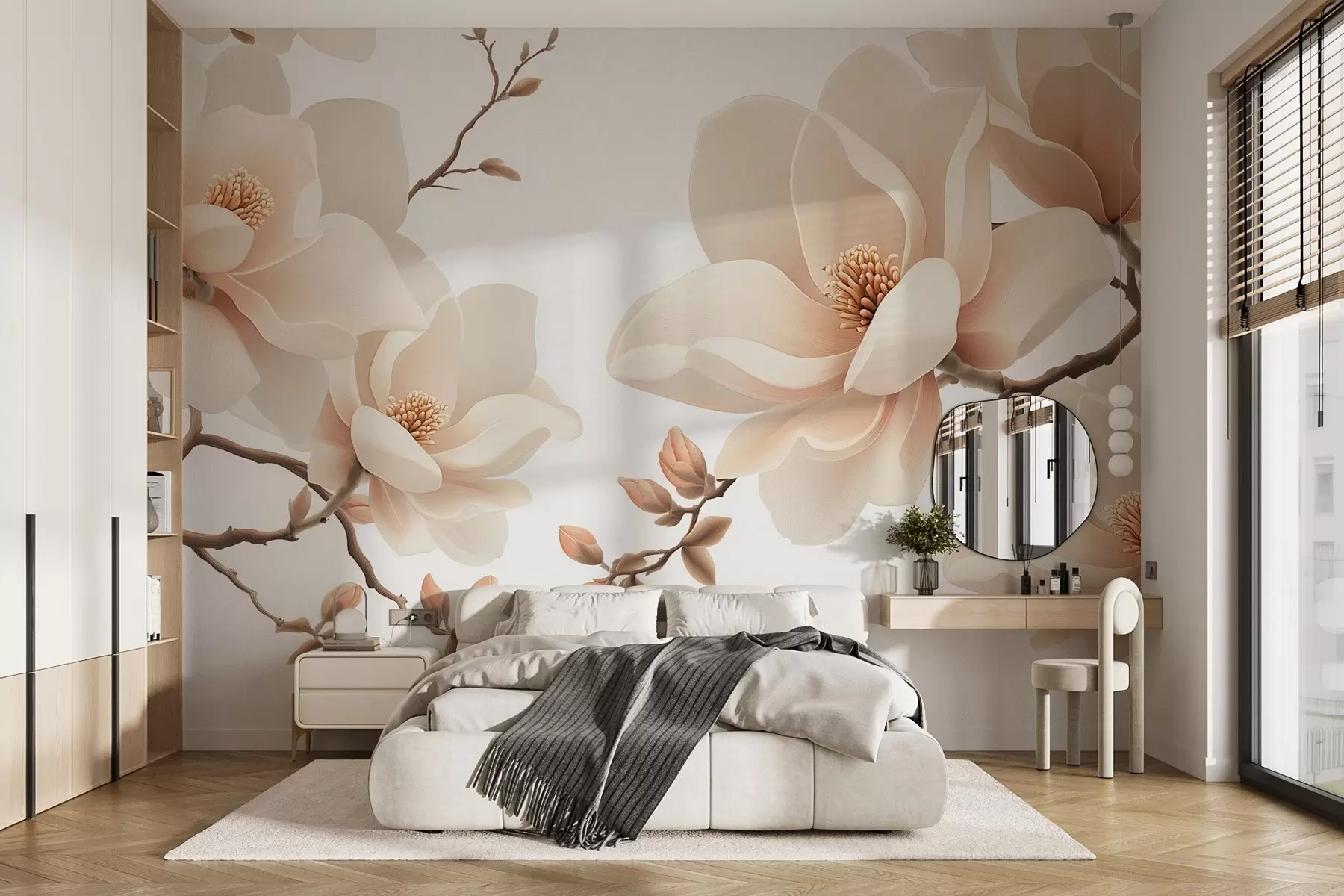 fototapet Ramuri de magnolie de culoare crem pe un fundal alb w08755