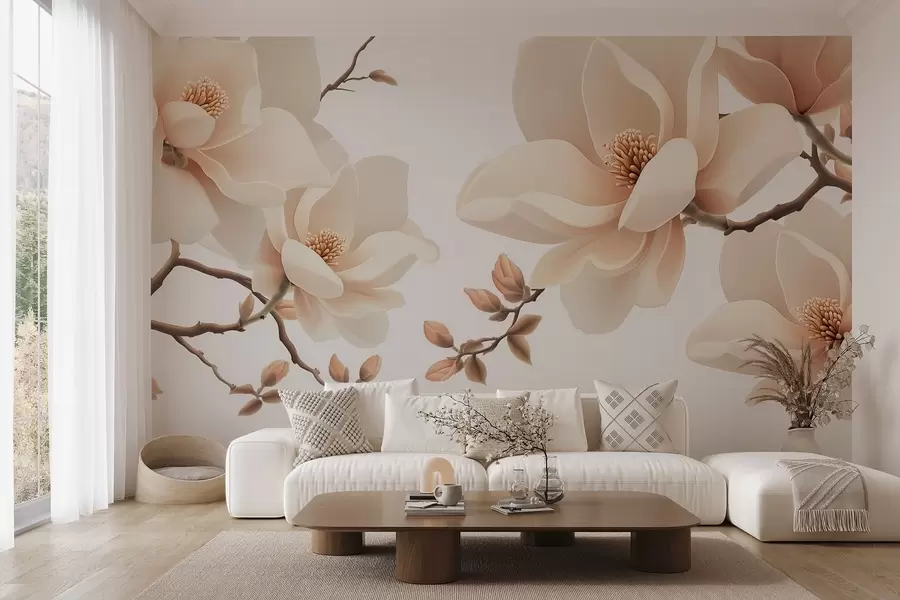 fototapet Ramuri de magnolie de culoare crem pe un fundal alb w08755