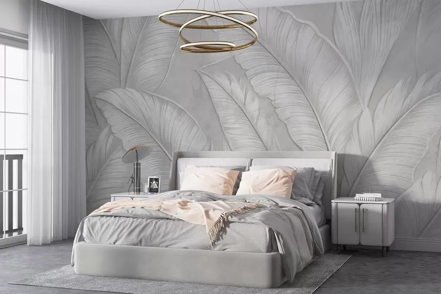 fototapet Foarte texturate detaliate frunze tropicale mari într-o culoare gri deschis monocromatic în stil loft w08772