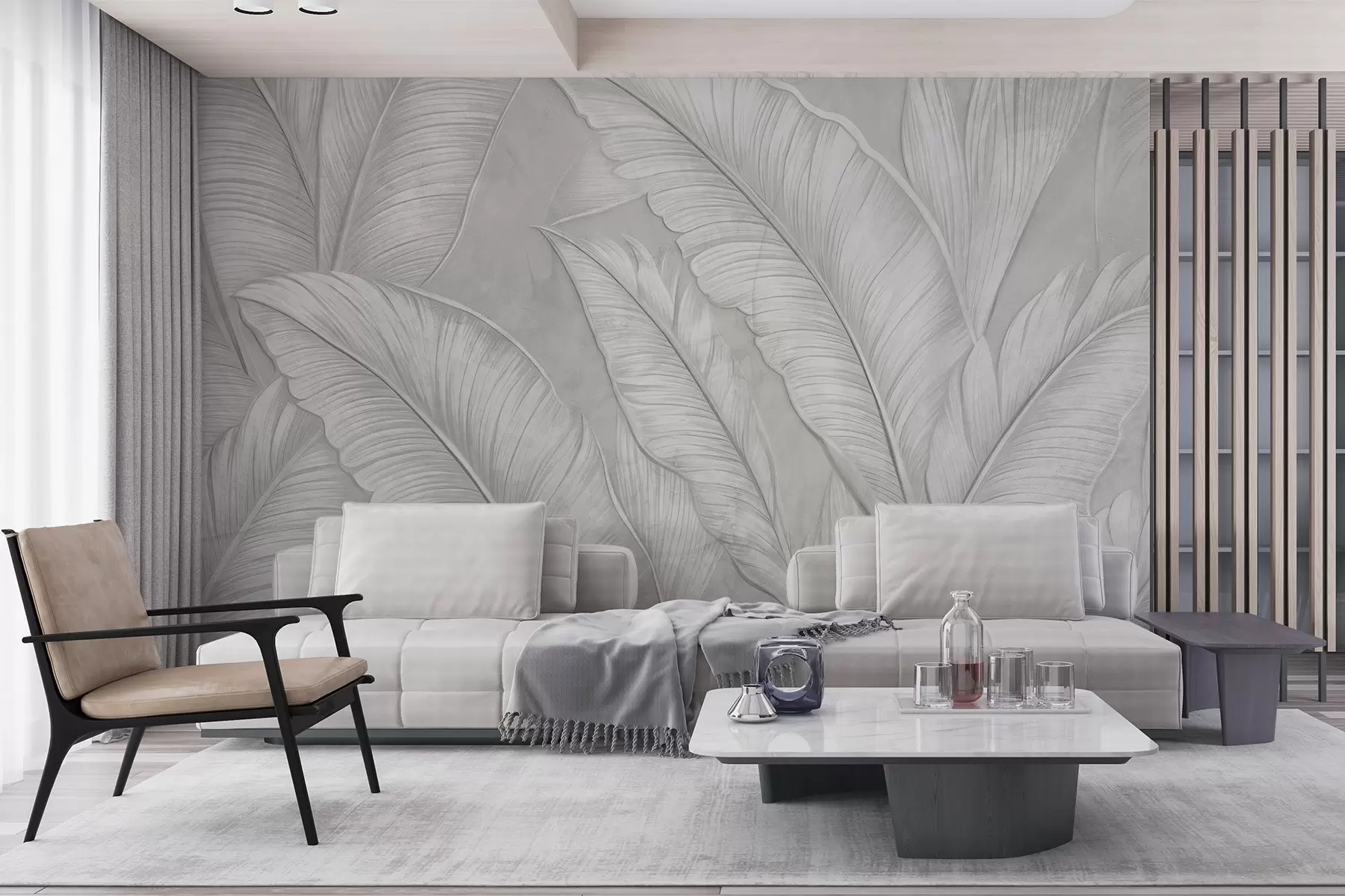 fototapet Foarte texturate detaliate frunze tropicale mari într-o culoare gri deschis monocromatic în stil loft w08772