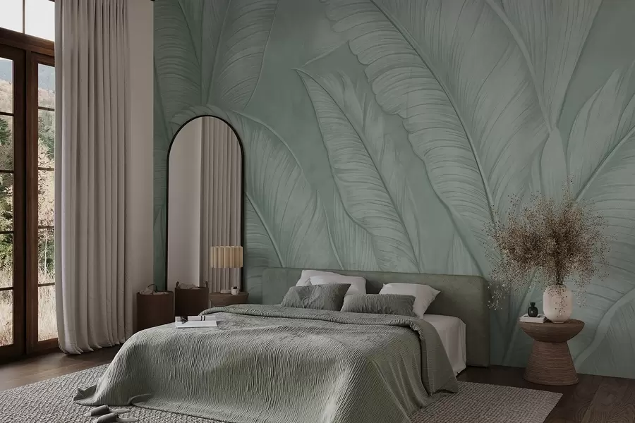 fototapet Frunze tropicale mari detaliate foarte texturate într-o culoare verde monocromatică în stil loft w08772v1