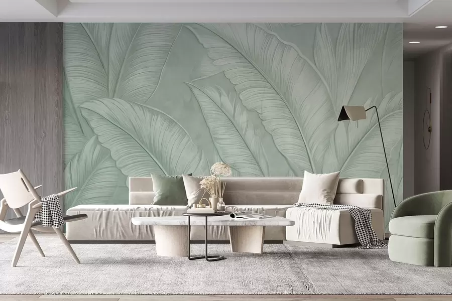 fototapet Frunze tropicale mari detaliate foarte texturate într-o culoare verde monocromatică în stil loft w08772v1