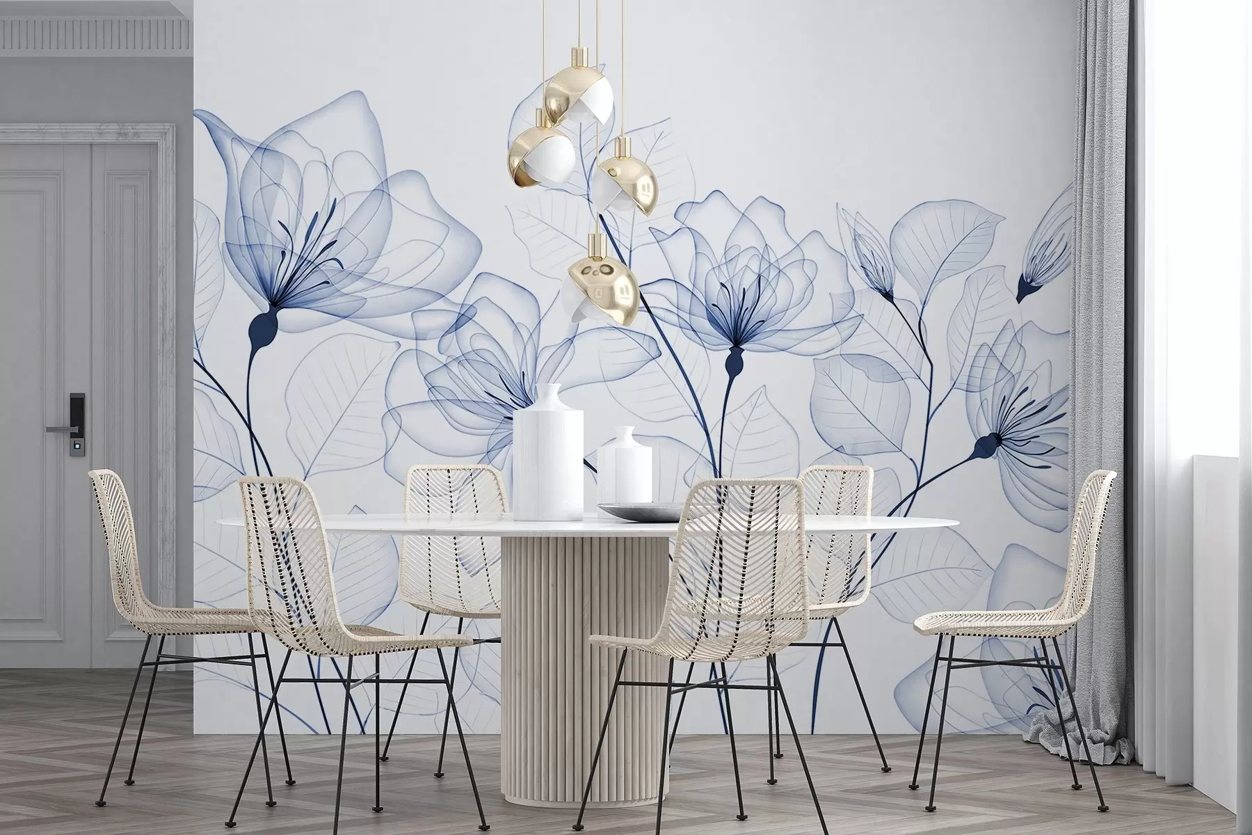 fototapet Flori albastre minimaliste delicate, cu petale și frunze transparente, pe un fundal alb w08776