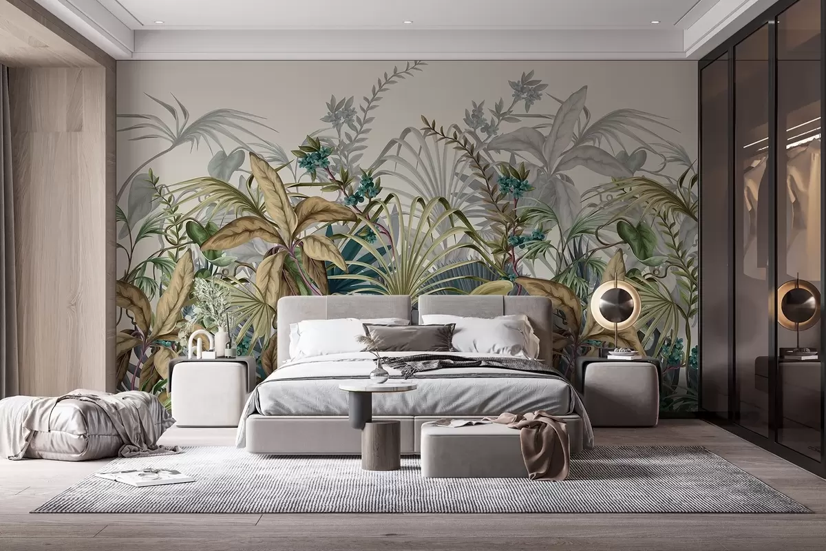 fototapet Aranjament de diverse plante tropicale cu frunze mari și vibrante, creând o scenă cu frunze luxuriante pe un decor bej deschis w08777v1