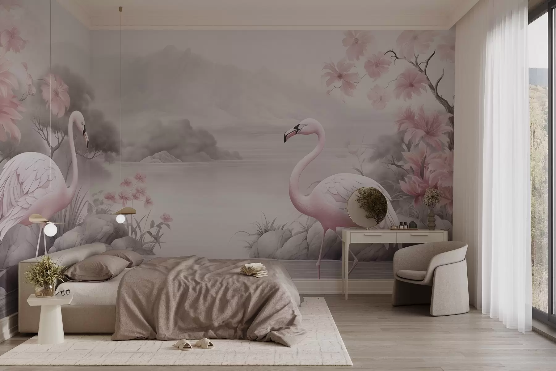 fototapet Două flamingo în apă acuarelă desen w03196