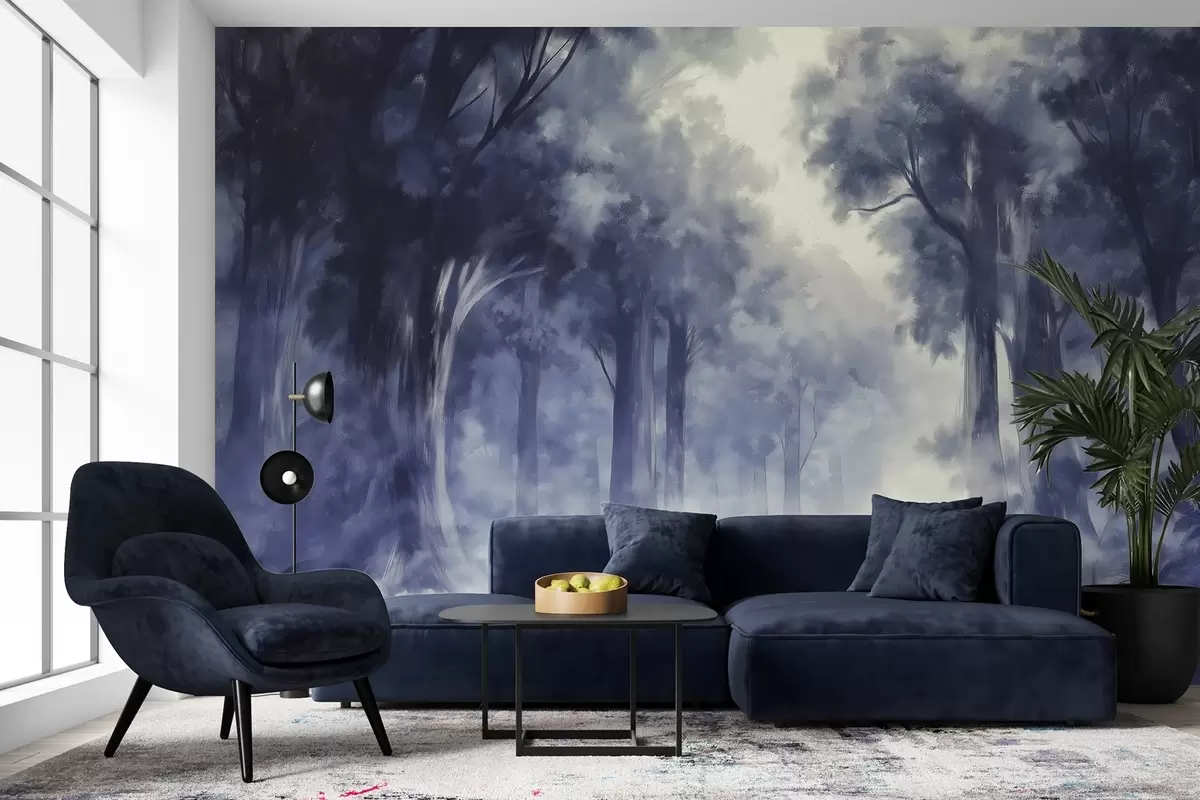 fototapet Pădure densă, desen în stil acrilic, artă abstractă, culori albastre w03147