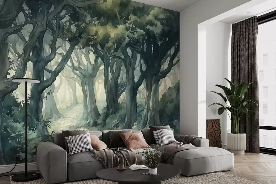 fototapet Pădure cu copaci mari, culoare verde spallete, desen stil acuarelă w03150