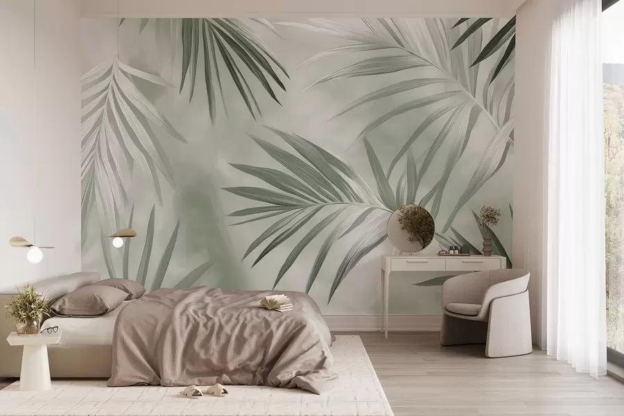 fototapet Frunze tropicale abstracție, palmier, paleta de culori verzi w03153v2