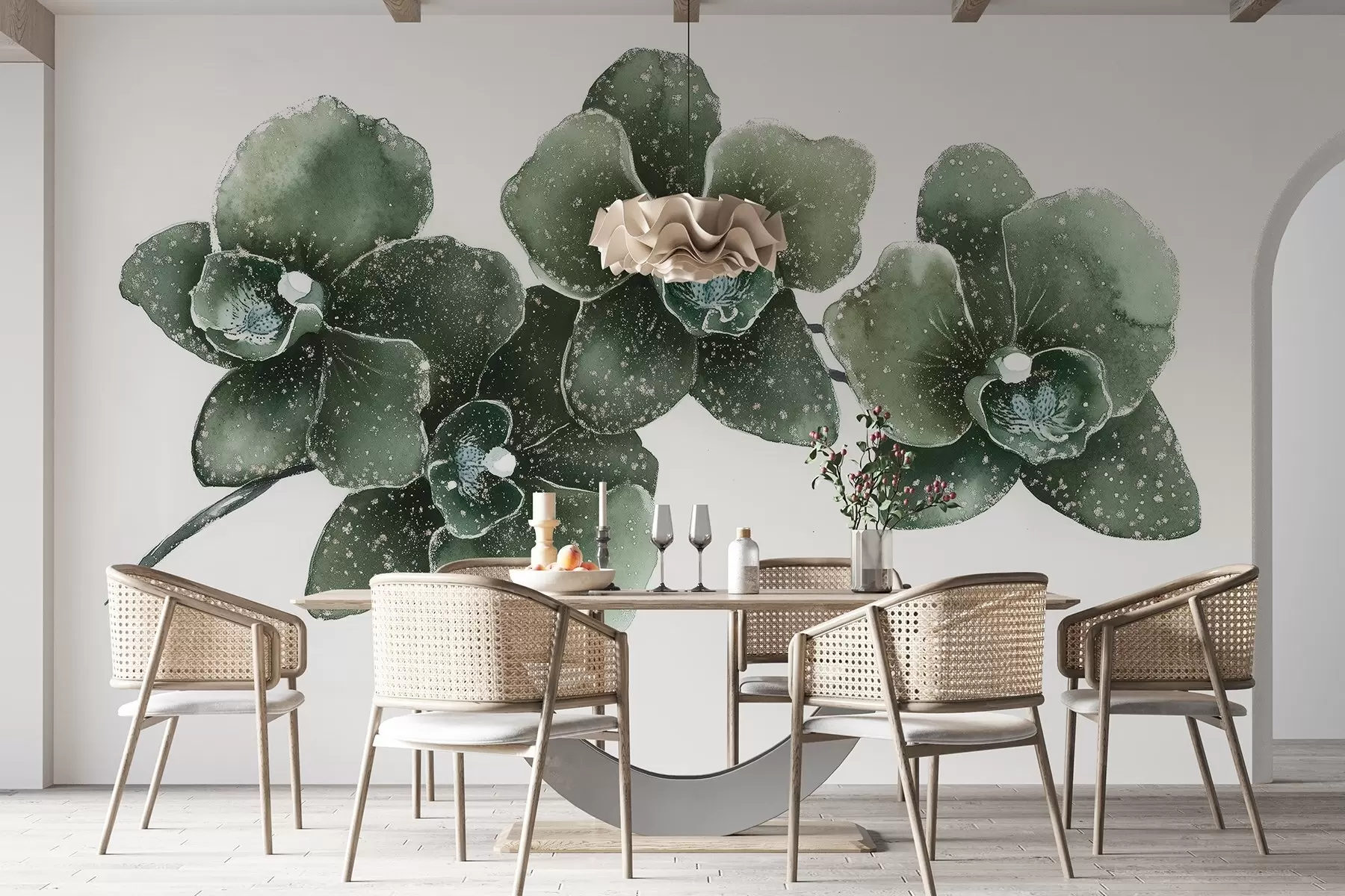 fototapet Orhid ramură de flori, stil acuarelă, florale, culori verzi w03165v1