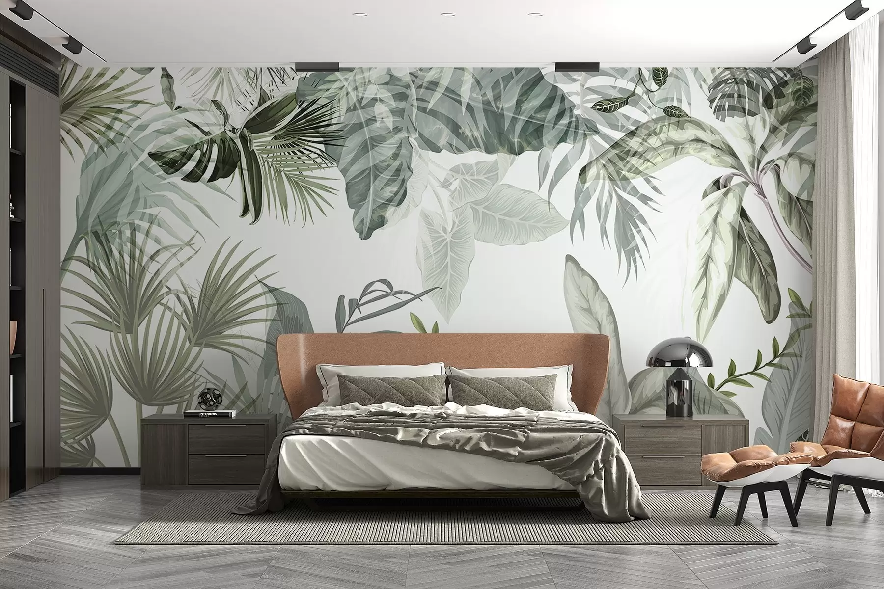 fototapet Frunze tropicale transparente în nuanțe de verde pe un fundal alb w08822