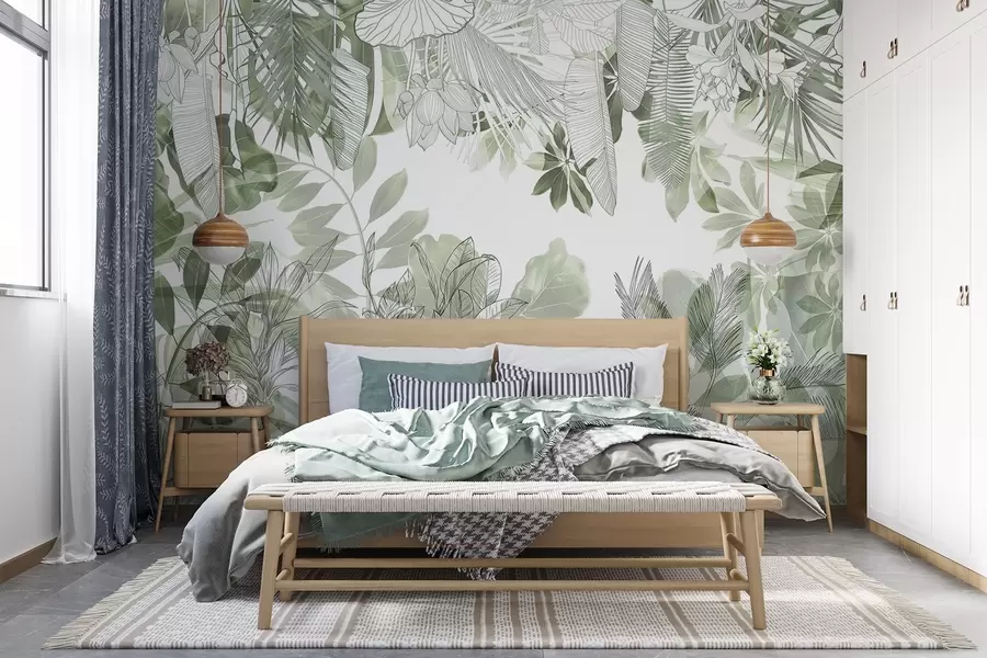 fototapet Plante tropicale și frunze verzi imprimate în junglă pe un fundal alb w08823