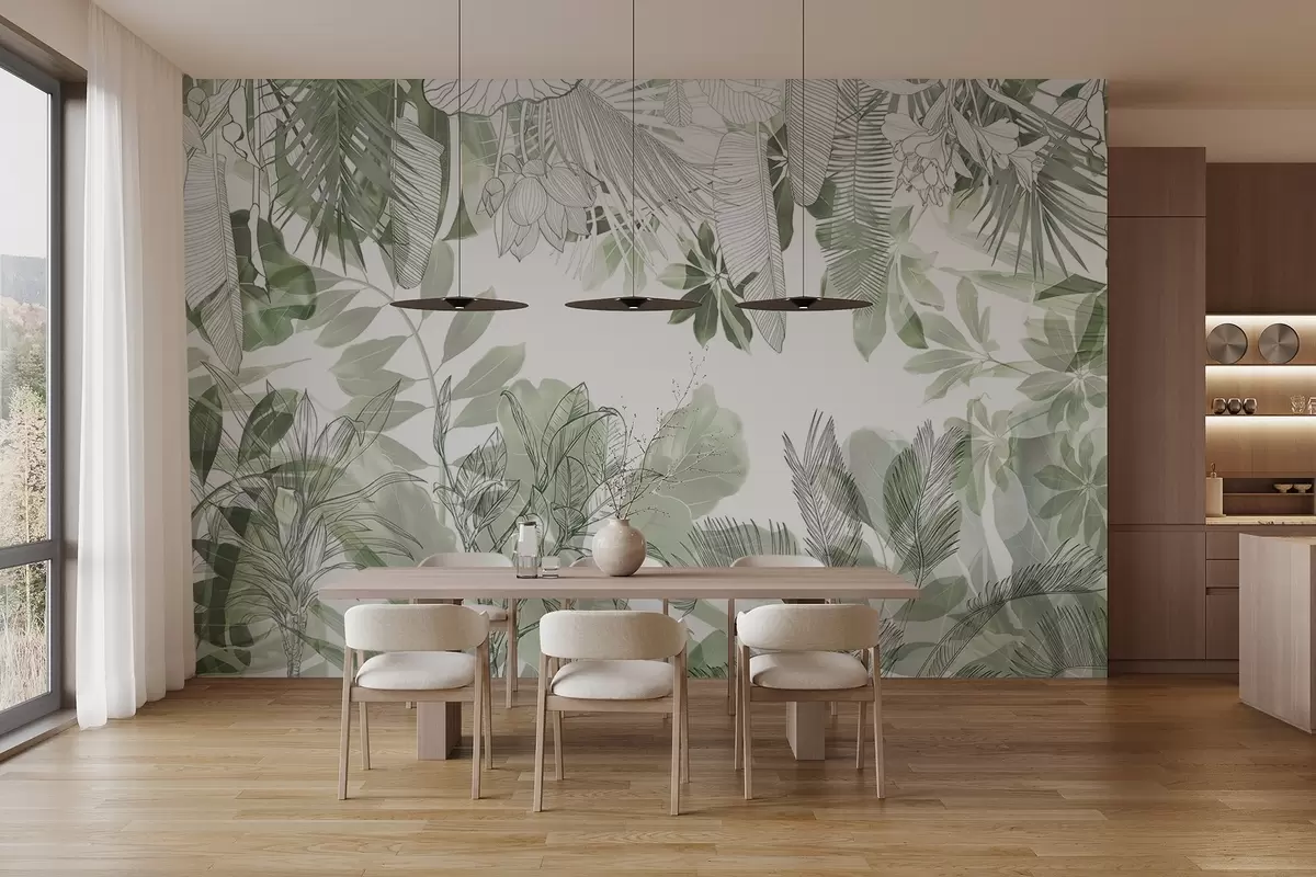 fototapet Plante tropicale și frunze verzi imprimate în junglă pe un fundal alb w08823