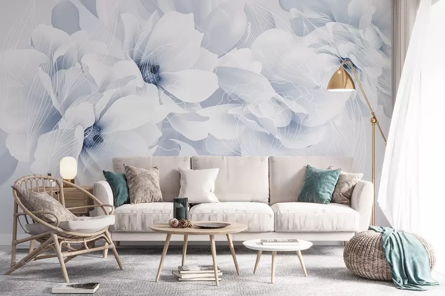fototapet Flori pastelate de bujor cu petale delicate albe și albastre și linii albe pe un fundal albastru deschis w08826
