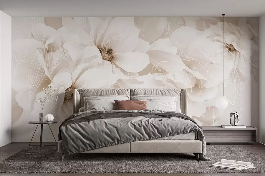 fototapet Flori pastelate de bujor cu petale delicate albe și bej și linii albe pe un fundal bej deschis w08826v1