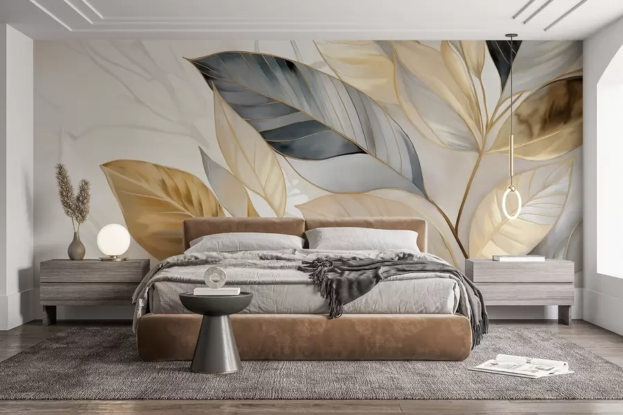 fototapet Galben, gri și alb delicate frunze mari pe un fundal alb abstract texturat w08828