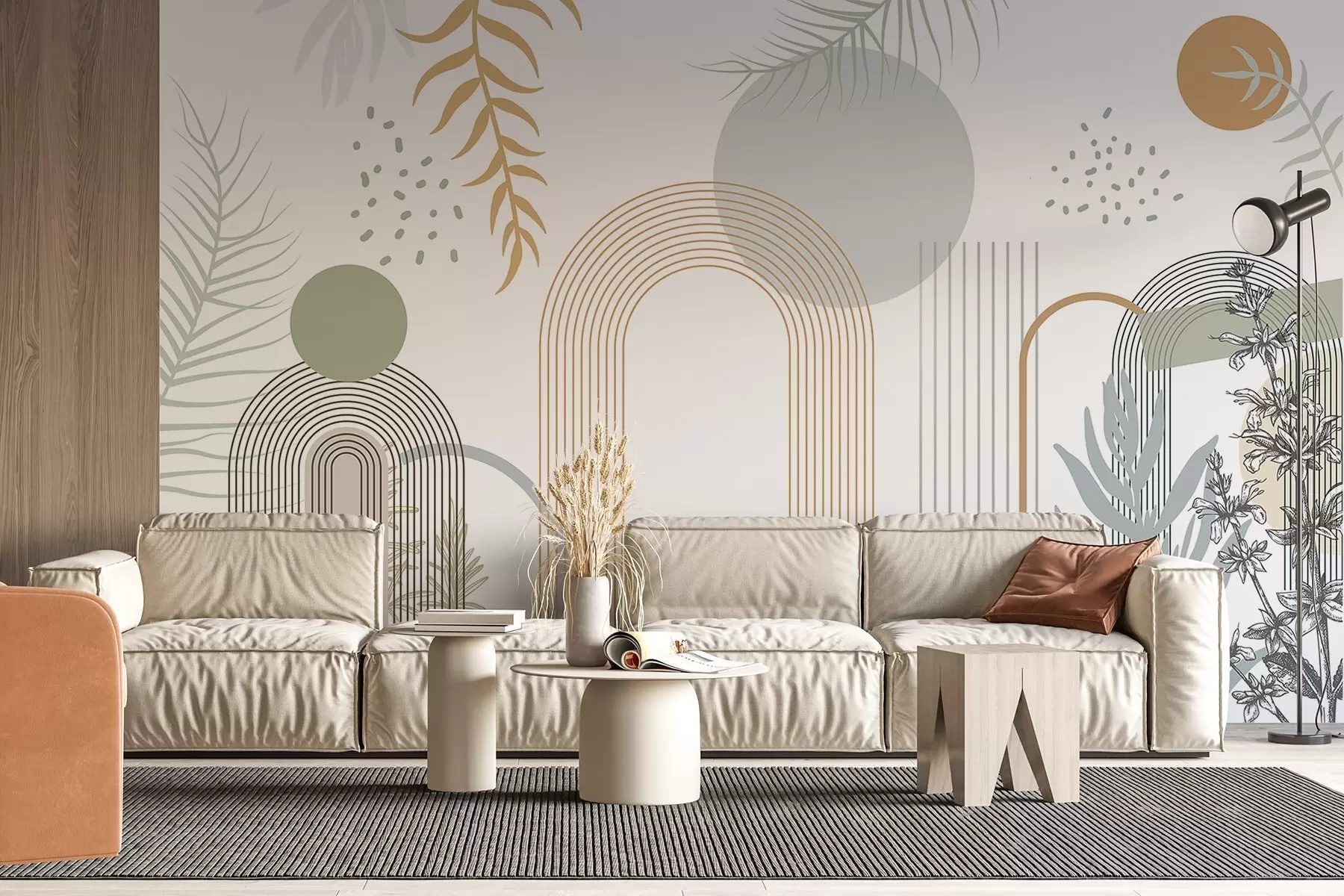 fototapet Imprimare abstractă cu forme geometrice, arcuri și frunze tropicale pe un fundal alb w08835