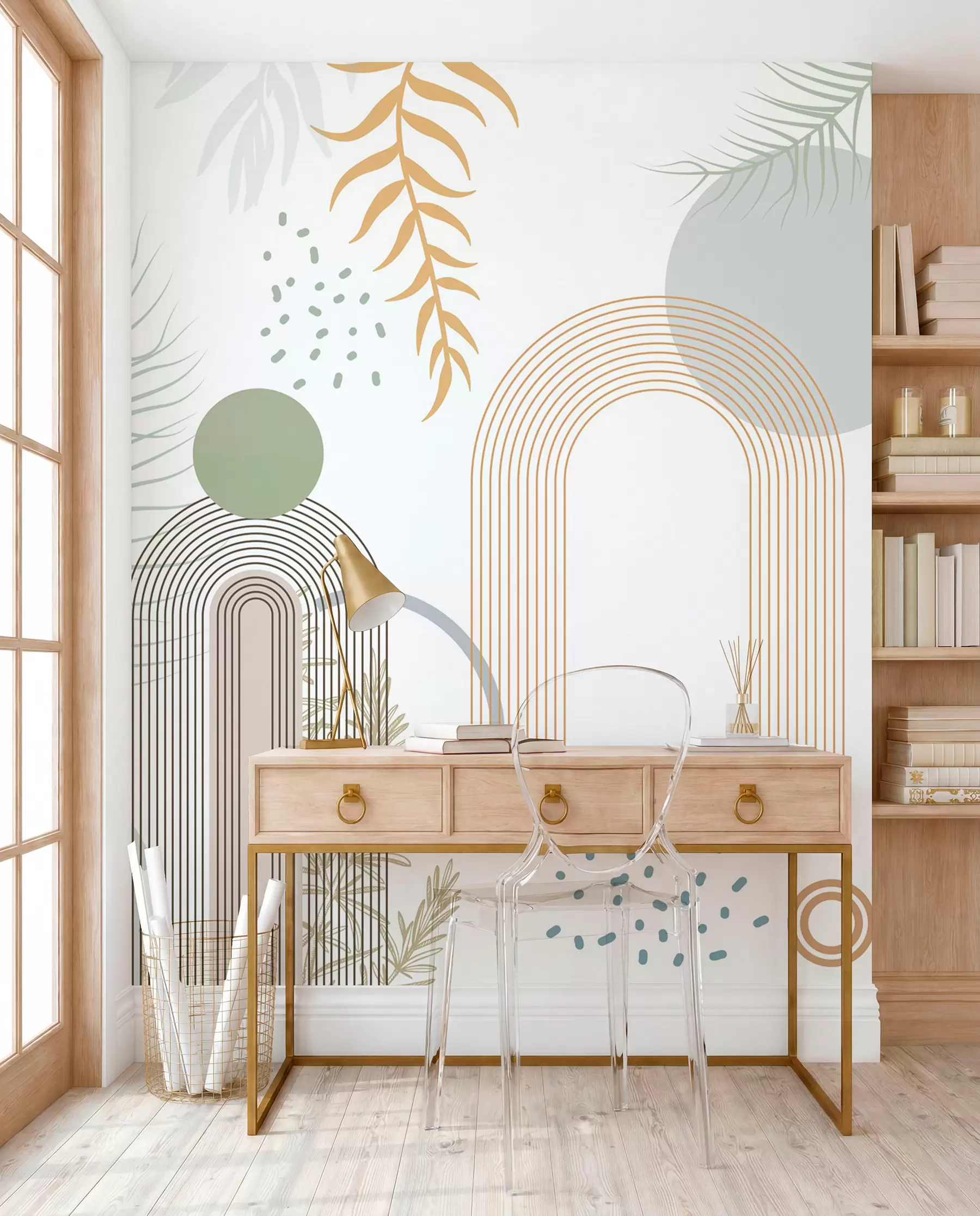 fototapet Imprimare abstractă cu forme geometrice, arcuri și frunze tropicale pe un fundal alb w08835