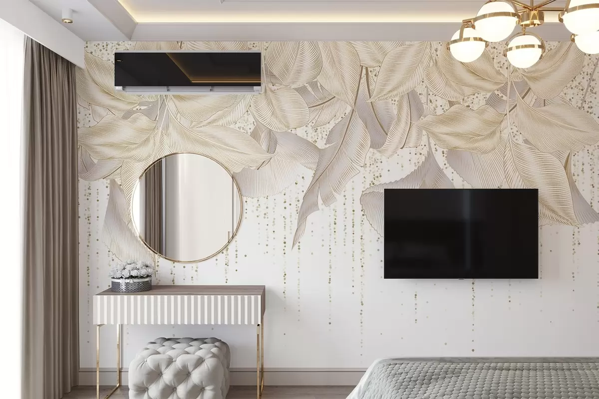 fototapet Alb detaliate frunze tropicale și puncte galbene textura pe un fundal alb w08836