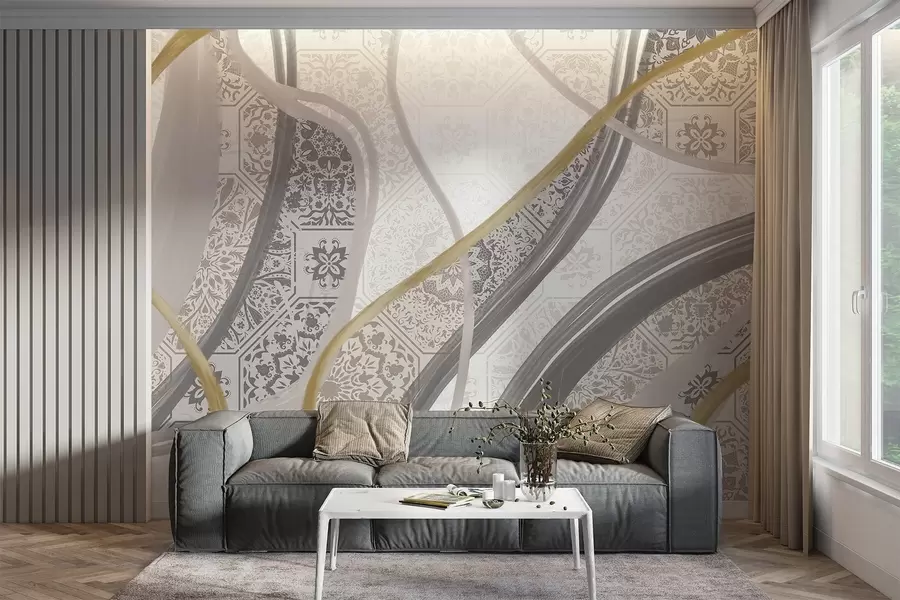 fototapet Tablou abstract cu modele geometrice și linii curbe în culorile bej, gri și galben w08837