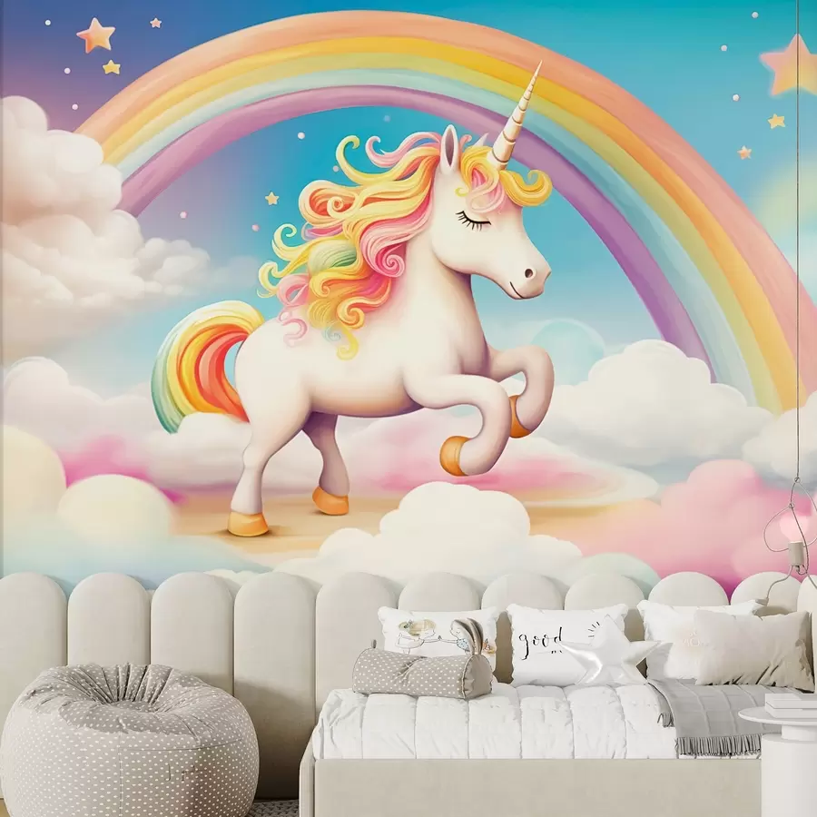 fototapet Un cal unicorn cu un curcubeu, nori și un cer înstelat w08820