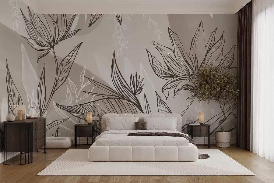 fototapet Floral line art cu frunze mari și flori, pe un fundal de acuarelă bej w08865v1