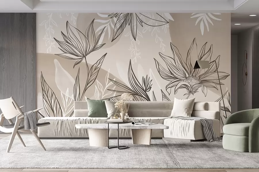 fototapet Floral line art cu frunze mari și flori, pe un fundal de acuarelă bej w08865v1
