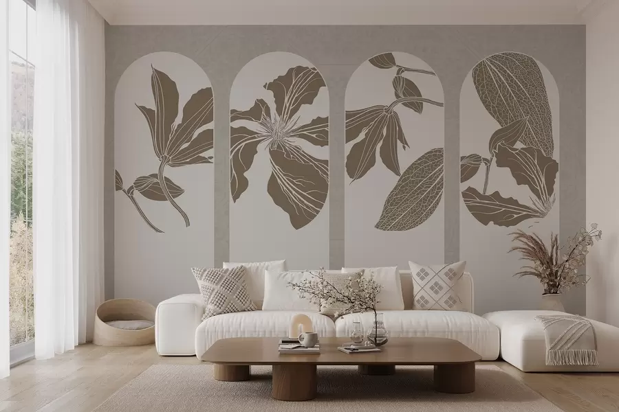 fototapet Arce elegante cu desene florale în bej și alb, pe un fundal texturat bej, stil minimalist w08866