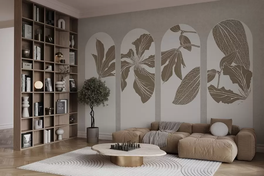 fototapet Arce elegante cu desene florale în bej și alb, pe un fundal texturat bej, stil minimalist w08866