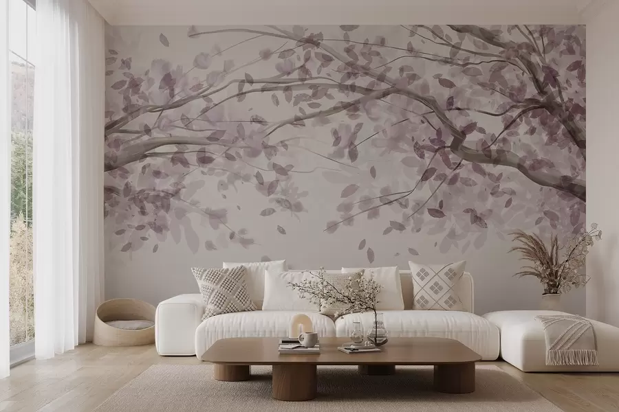 fototapet Ramuri de flori cu frunze roz, culori moi, detalii delicate, stil acuarelă, pe un fundal deschis w08867