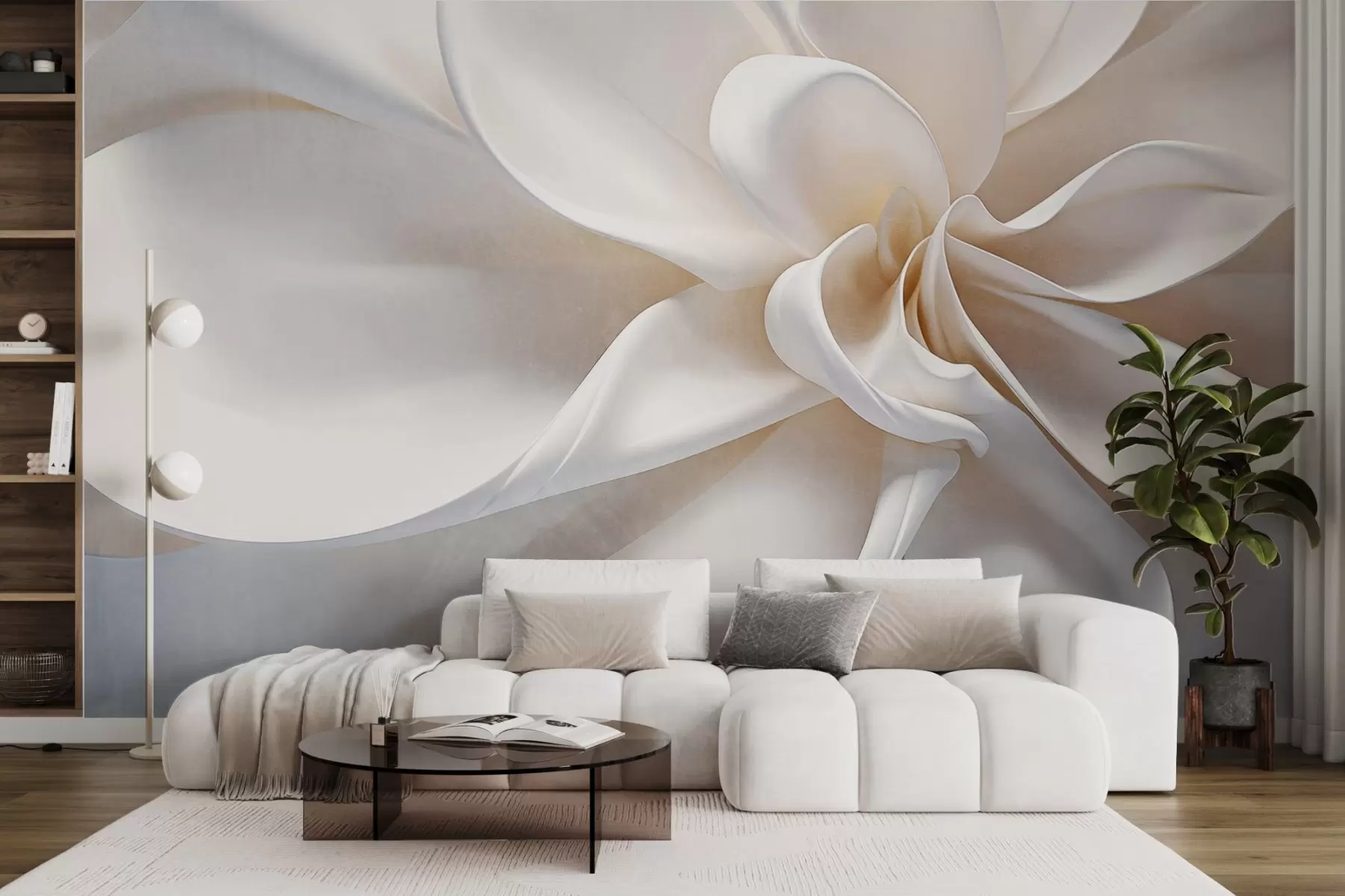 fototapet O floare alb pastel texturat minimalist cu petale moi, lumina si aerisit, pe un fundal alb w08868